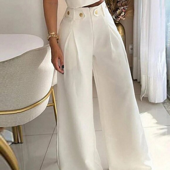 White Boho Women's Casual Solid Color Pleated Wide Leg Pants - Picture 2 of 4